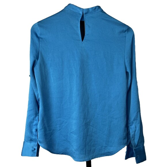 Express Top Long Sleeve Roll Tab Blouse Cut Out V Neck Keyhole Back Blue XS - Picture 2 of 5